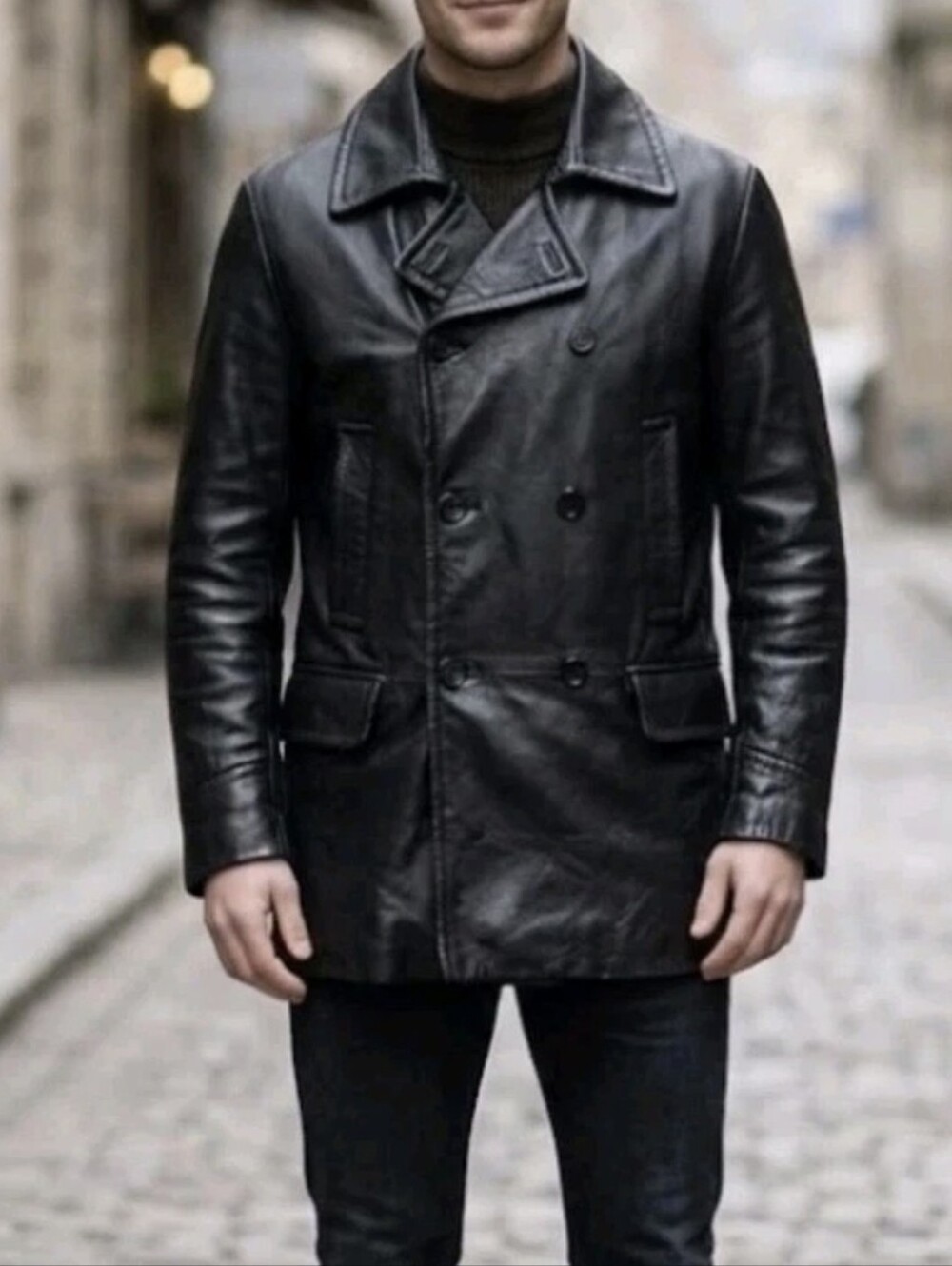 Banana Republic Men's Double-Breasted Leather Pea Coat in Black Size M.